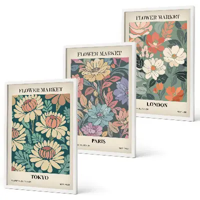 Flower wall art set set of 3 framed posters featuring Tokyo Paris and London
