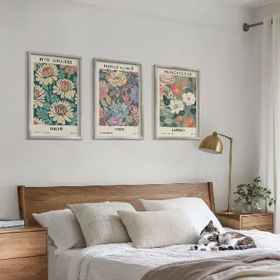 Flower wall art set set of 3 framed posters featuring Tokyo Paris and London