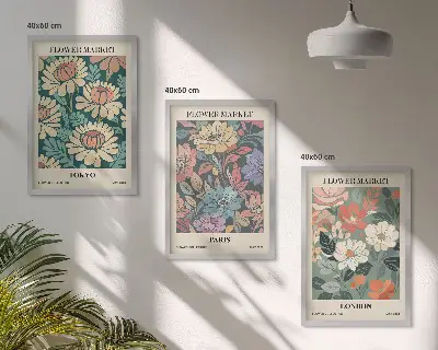 Flower wall art set set of 3 framed posters featuring Tokyo Paris and London