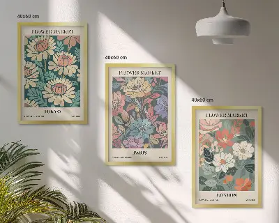 Flower wall art set set of 3 framed posters featuring Tokyo Paris and London