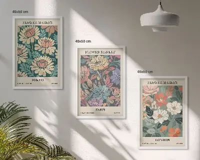 Flower wall art set set of 3 framed posters featuring Tokyo Paris and London