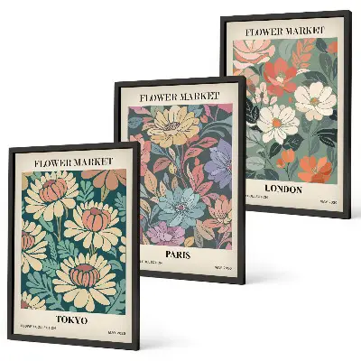 Flower wall art set set of 3 framed posters featuring Tokyo Paris and London
