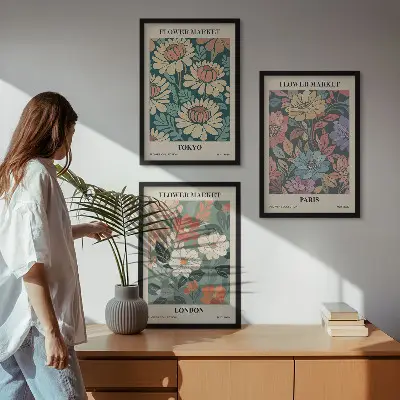 Flower wall art set set of 3 framed posters featuring Tokyo Paris and London