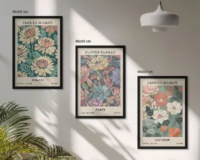 Flower wall art set set of 3 framed posters featuring Tokyo Paris and London