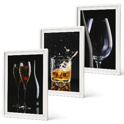 Set of 3 framed wall art pieces Glasses of wine and whiskey on a black background