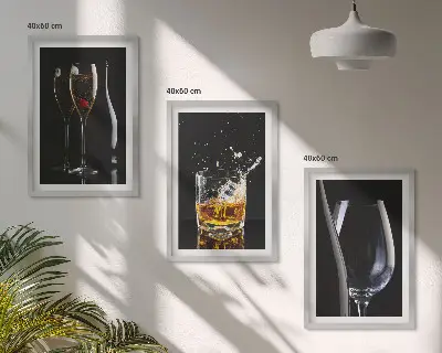 Set of 3 framed wall art pieces featuring glasses of wine and whiskey on a black background