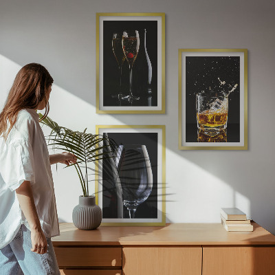Set of 3 framed wall art pieces Glasses of wine and whiskey on a black background