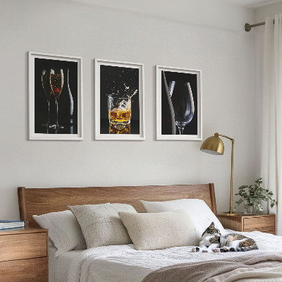 Set of 3 framed wall art pieces Glasses of wine and whiskey on a black background