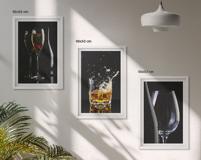 Set of 3 framed wall art pieces Glasses of wine and whiskey on a black background