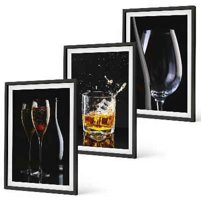 Set of 3 framed wall art pieces Glasses of wine and whiskey on a black background