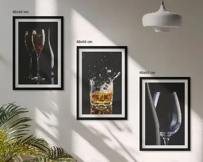 Set of 3 framed wall art pieces featuring glasses of wine and whiskey on a black background