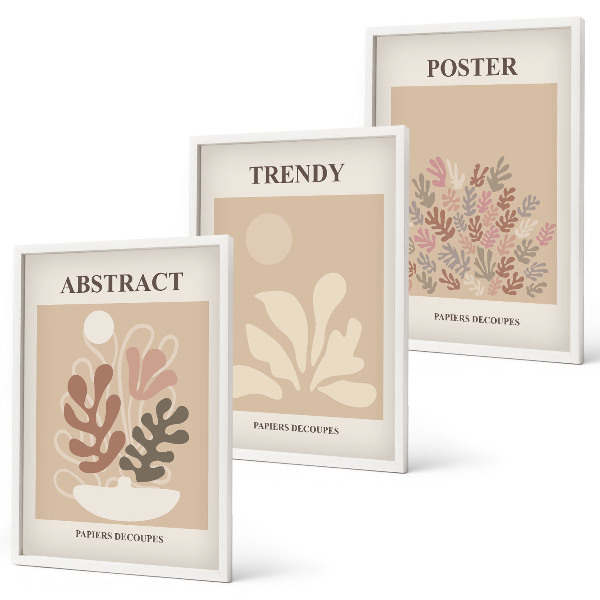 Set of 3 framed wall art pieces Plant motifs beige brown