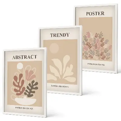 Set of 3 framed wall art pieces with plant motifs in beige and brown