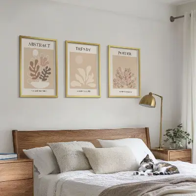 Set of 3 framed wall art pieces with plant motifs in beige and brown