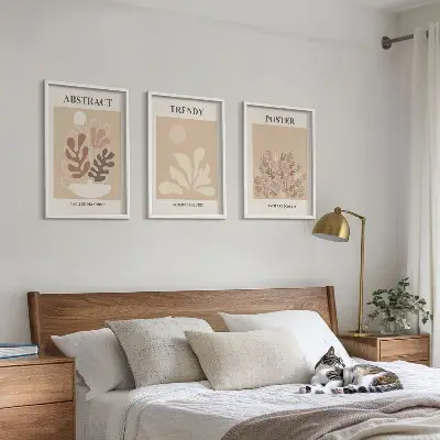 Set of 3 framed wall art pieces with plant motifs in beige and brown