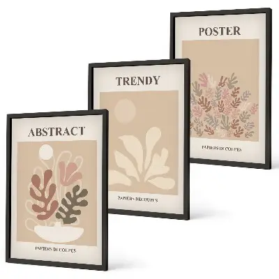 Set of 3 framed wall art pieces with plant motifs in beige and brown