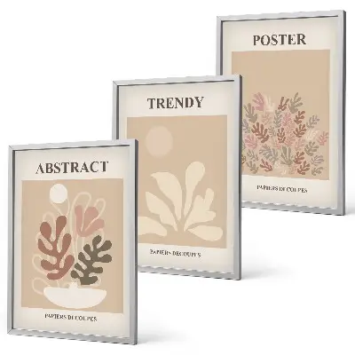 Set of 3 framed wall art pieces with plant motifs in beige and brown