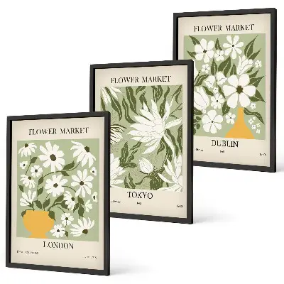 Wall art set featuring floral patterns from London Tokyo and Dublin