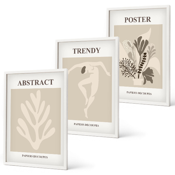 Set of 3 framed wall art pieces Floral patterns beige brown