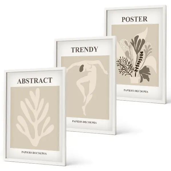 Set of 3 framed wall art pieces with floral patterns in beige and brown