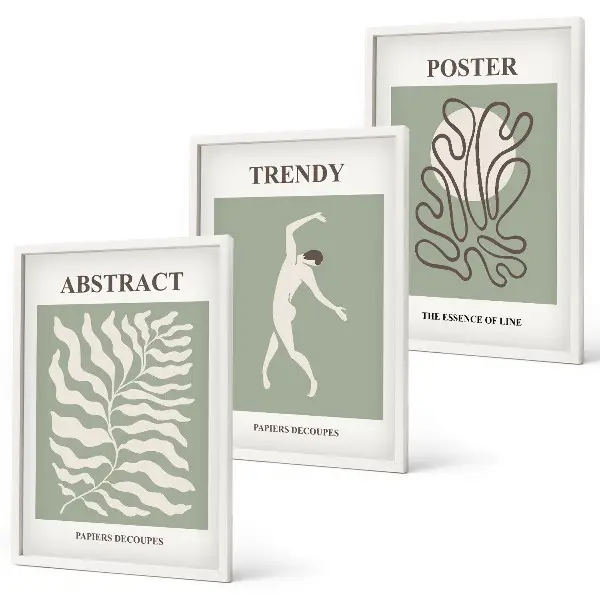 Set of 3 framed wall art pieces with Matisse green plant patterns