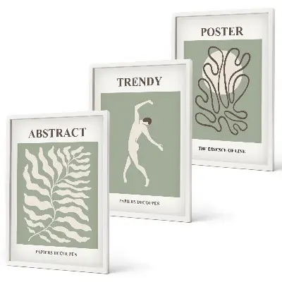 Set of 3 framed wall art pieces with Matisse green plant patterns