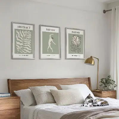 Set of 3 framed wall art pieces with Matisse green plant patterns
