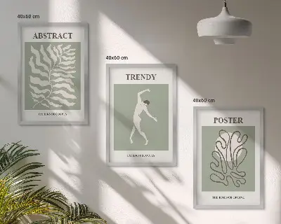 Set of 3 framed wall art pieces with Matisse green plant patterns