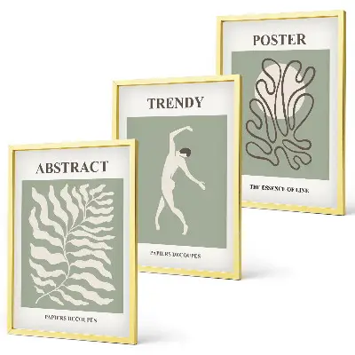 Set of 3 framed wall art pieces with Matisse green plant patterns