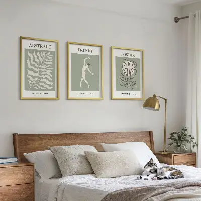 Set of 3 framed wall art pieces with Matisse green plant patterns