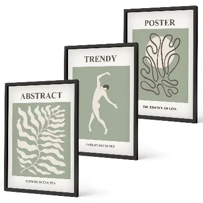 Set of 3 framed wall art pieces with Matisse green plant patterns