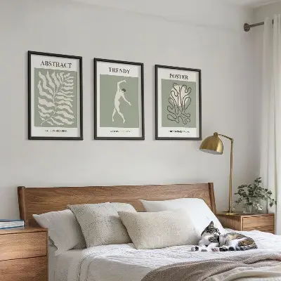 Set of 3 framed wall art pieces with Matisse green plant patterns