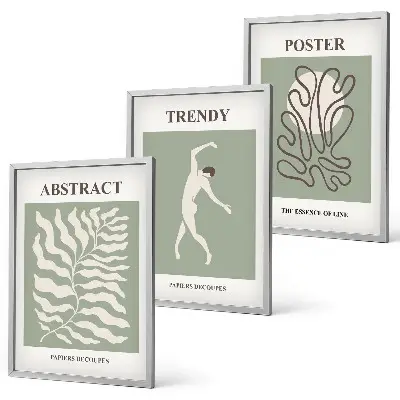 Set of 3 framed wall art pieces with Matisse green plant patterns