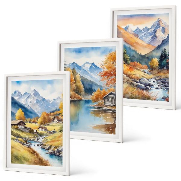 Set of 3 framed wall art pieces Autumn mountains river houses