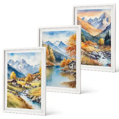 Autumn mountains river houses wall art set of 3 framed pieces