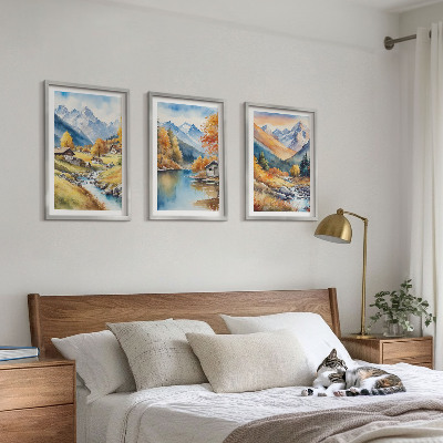 Set of 3 framed wall art pieces Autumn mountains river houses
