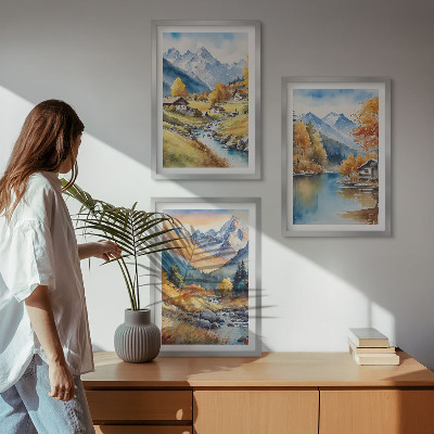Set of 3 framed wall art pieces Autumn mountains river houses