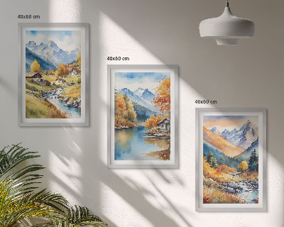 Set of 3 framed wall art pieces Autumn mountains river houses