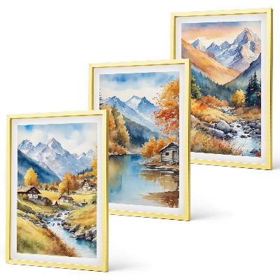 Set of 3 framed wall art pieces Autumn mountains river houses