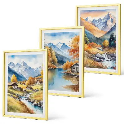Autumn mountains river houses wall art set of 3 framed pieces