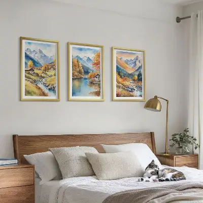 Autumn mountains river houses wall art set of 3 framed pieces