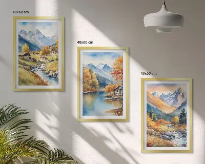 Autumn mountains river houses wall art set of 3 framed pieces