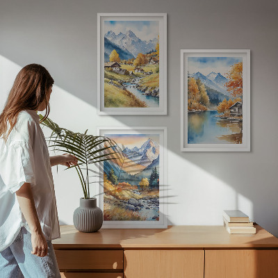 Set of 3 framed wall art pieces Autumn mountains river houses