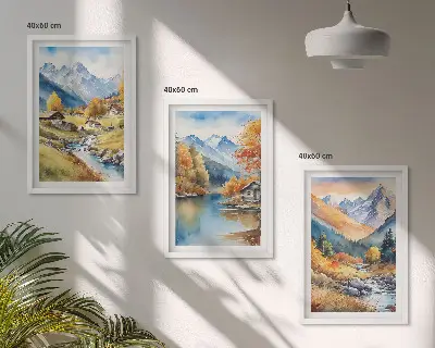 Autumn mountains river houses wall art set of 3 framed pieces