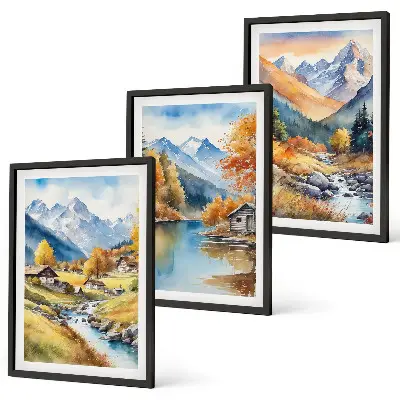 Autumn mountains river houses wall art set of 3 framed pieces