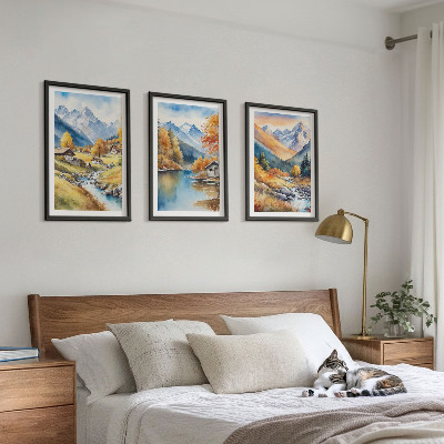 Set of 3 framed wall art pieces Autumn mountains river houses
