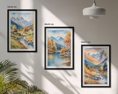 Set of 3 framed wall art pieces Autumn mountains river houses
