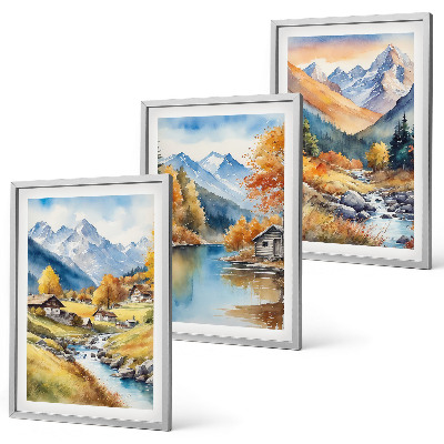 Set of 3 framed wall art pieces Autumn mountains river houses