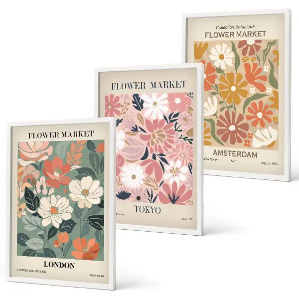 Wall art set floral patterns from London Tokyo and Amsterdam