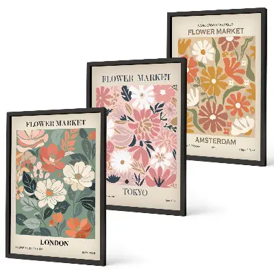Wall art set floral patterns from London Tokyo and Amsterdam
